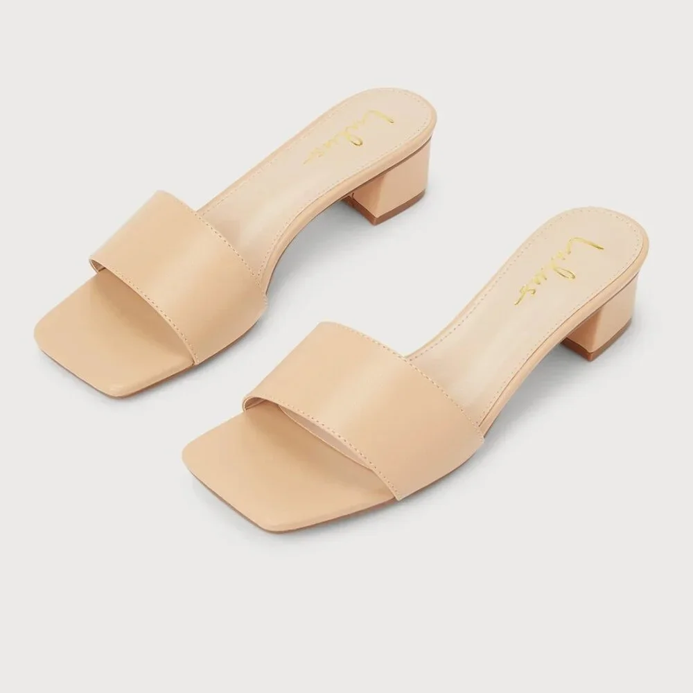 Wide Strap Block Heel Slide Sandals in Blush